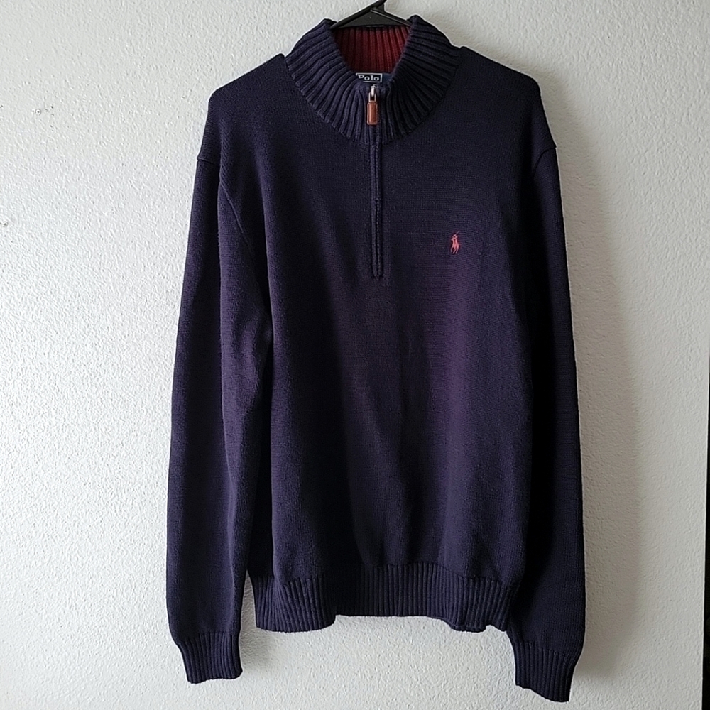Polo Ralph Lauren Men's Navy Blue Sweater Sz XLarge Y2k  1/4 Zip Pullover Shirt